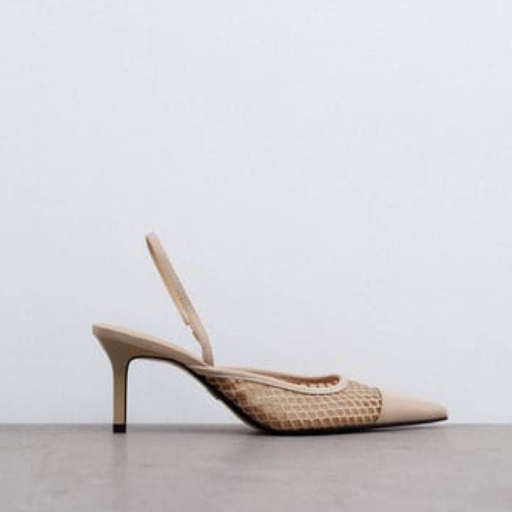 Zara NWT Mesh net detail pointed toe sling back heels size 40 - Picture 9 of 12